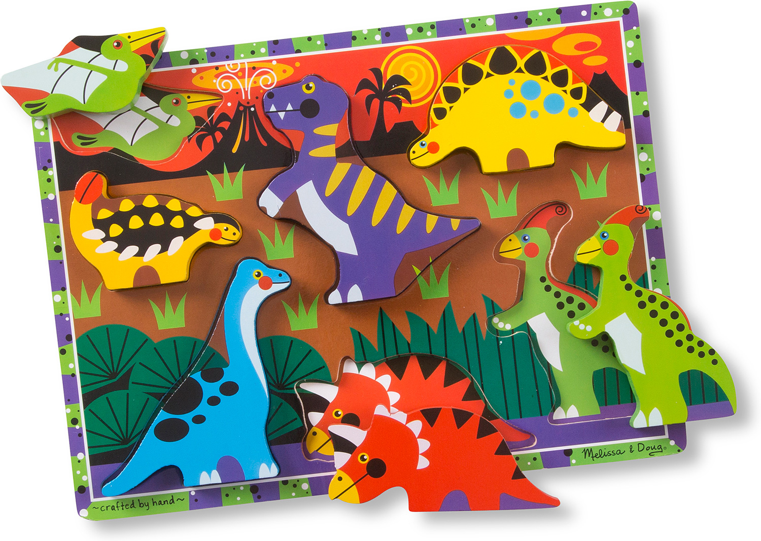Wooden Chunky Dinosaur Puzzle 7 Pieces Shape Recognition Toddler 