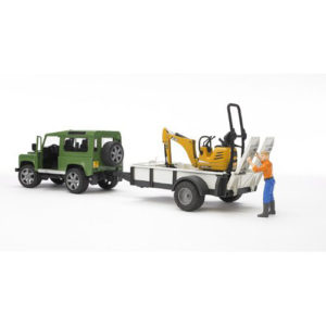 Land Rover Defender Station Wagon with one axle trailer, JCB micro excavator 8010 CTS and construction worker