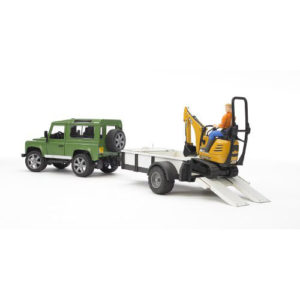 Land Rover Defender Station Wagon with one axle trailer, JCB micro excavator 8010 CTS and construction worker
