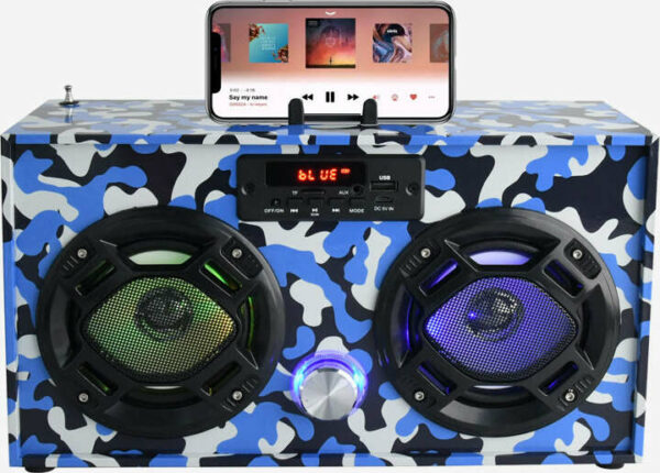 Bluetooth FM Radio W LED Speakers Blue Camo Boombox-