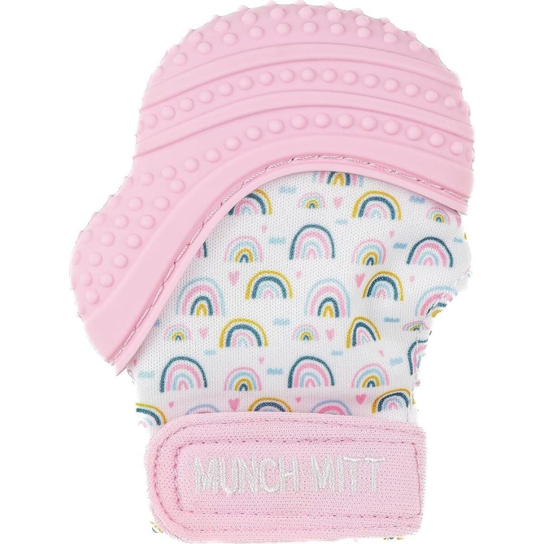 Munch Mitt Teething Mitten Pink Rainbows